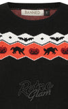 Black sweater with Halloween-themed pattern in ivory and orange Black sweater with Halloween-themed pattern in ivory and orange
