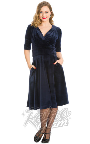 Banned Date Night Velvet Swing Dress in Navy 50s Banned Date Night Velvet Swing Dress in Navy 50s