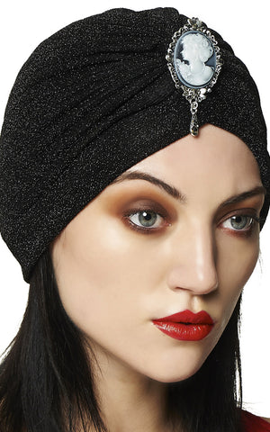 Banned Warlock Hair Turban in Black & Silver Flecks 40s Banned Warlock Hair Turban in Black & Silver Flecks 40s