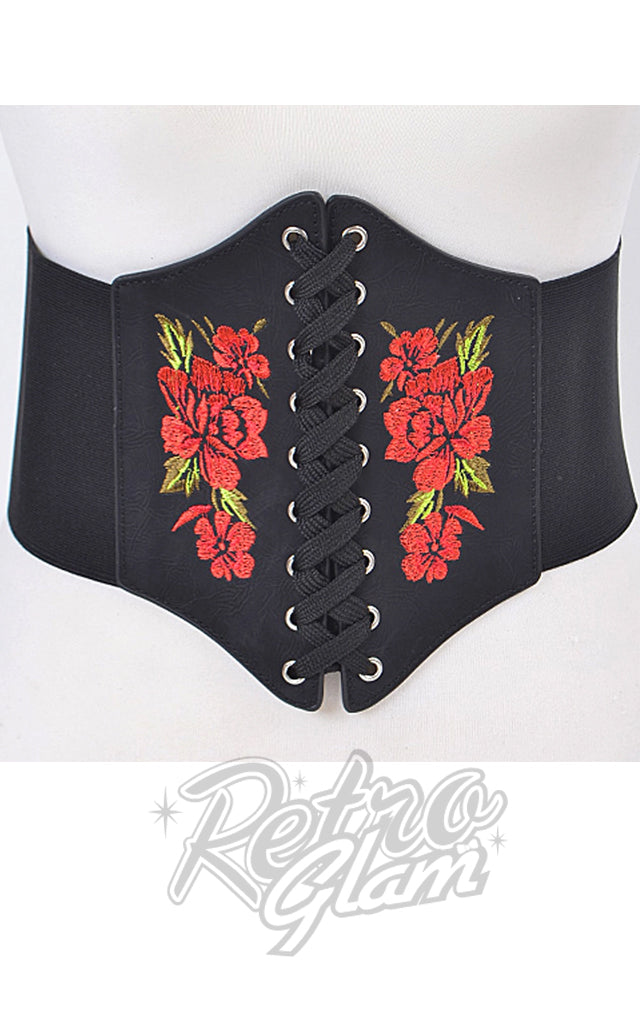 Wide Corset Belt with Red Roses in Black Wide Corset Belt with Red Roses in Black