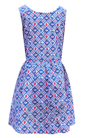 Blue Platypus Fit & Flare Midi Dress in Blue & Red Picnic Print back Blue Platypus Fit & Flare Midi Dress in Blue & Red Picnic Print back
