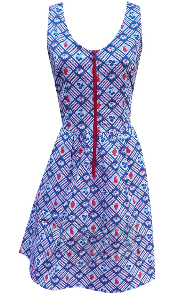 Blue Platypus Fit & Flare Midi Dress in Blue & Red Picnic Print - L left only