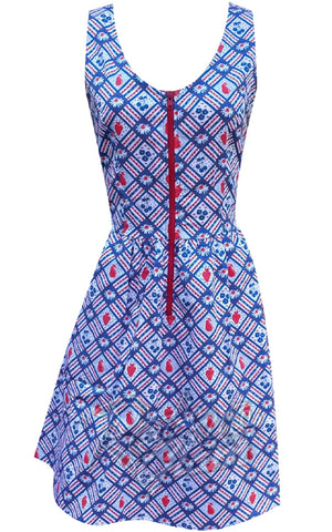 Blue Platypus Fit & Flare Midi Dress in Blue & Red Picnic Print