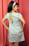 Blue Platypus Pocket Tunic in Teal & Orange Picnic Print back Blue Platypus Pocket Tunic in Teal & Orange Picnic Print back