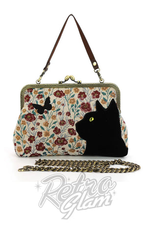 Comeco Floral Black Cat Kisslock Bag Comeco Floral Black Cat Kisslock Bag