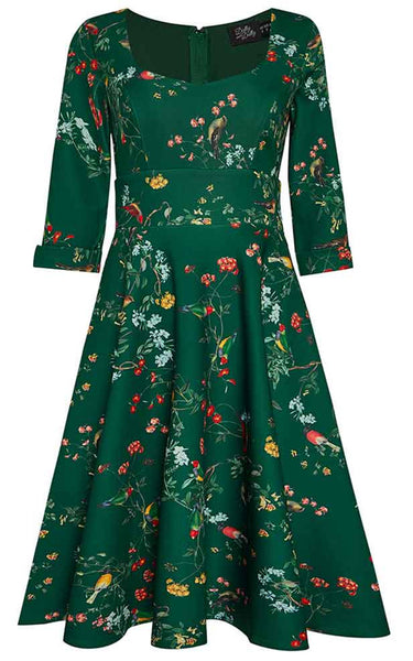 Dolly and Dotty Debra Dress in Green Bird & Flower Print – Retro Glam