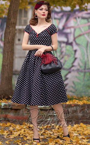 Dolly and Dotty Lily Swing Dress in B & W Polka Dot model Dolly and Dotty Lily Swing Dress in B & W Polka Dot model