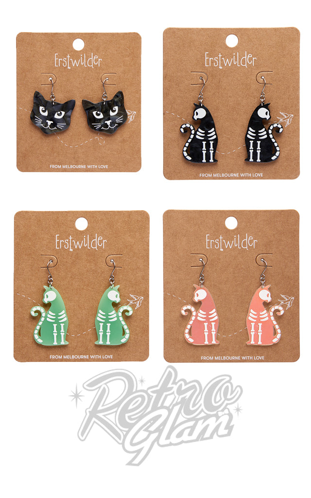 Erstwilder Halloween Earrings - Cat Head & Bone Kitty Drop Erstwilder Halloween Earrings - Cat Head & Bone Kitty Drop