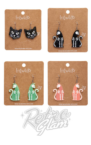 Erstwilder Halloween Earrings - Cat Head & Bone Kitty Drop Erstwilder Halloween Earrings - Cat Head & Bone Kitty Drop