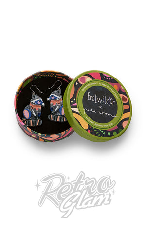 Colorful jewelry box with earrings and 'Erstwilder' branding Colorful jewelry box with earrings and 'Erstwilder' branding
