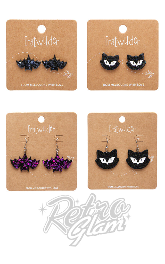 Erstwilder Halloween 2023 Earrings - Bats & Cats - Studs left only Erstwilder Halloween 2023 Earrings - Bats & Cats - Studs left only