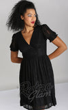 Hell Bunny Mortem Mini Dress in Black model Hell Bunny Mortem Mini Dress in Black model