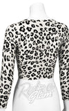 Mak V Neck Bolero Cropped Cardigan in Ivory/Grey Leopard back Mak V Neck Bolero Cropped Cardigan in Ivory/Grey Leopard back