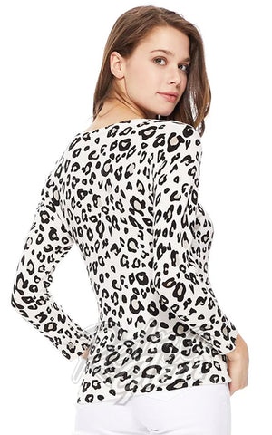Mak 3/4 Sleeve Crewneck Cardigan in Ivory/Grey Leopard back Mak 3/4 Sleeve Crewneck Cardigan in Ivory/Grey Leopard back