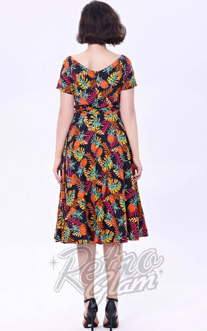 Miss Lulo Bella Swing Dress in Monstera & Pineapples Print back