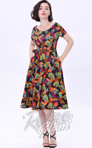 Miss Lulo Bella Swing Dress in Monstera & Pineapples Print Miss Lulo Bella Swing Dress in Monstera & Pineapples Print