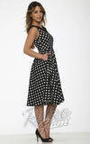 Orchid Bloom V-Neckline B&W Polka Dot Swing Dress side Orchid Bloom V-Neckline B&W Polka Dot Swing Dress side