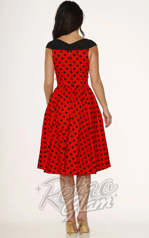 Orchid Bloom V-Neckline Red W/Blk Polka Dot Swing Dress back Orchid Bloom V-Neckline Red W/Blk Polka Dot Swing Dress back