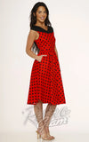 Orchid Bloom V-Neckline Red W/Blk Polka Dot Swing Dress side Orchid Bloom V-Neckline Red W/Blk Polka Dot Swing Dress side