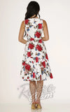 Orchid Bloom Red Florals Dress in White pinup back Orchid Bloom Red Florals Dress in White pinup back