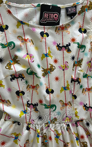 Retrolicious Midi Dress in White Carousel Print detail Retrolicious Midi Dress in White Carousel Print detail
