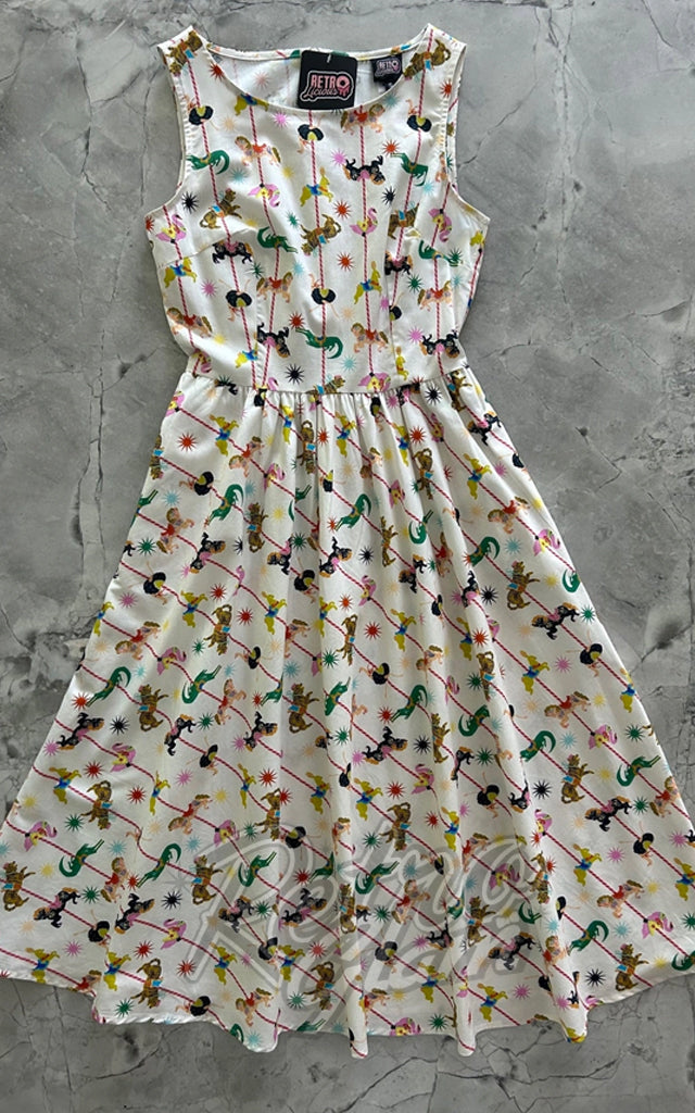 Retrolicious Midi Dress in White Carousel Print - L & XL left only Retrolicious Midi Dress in White Carousel Print - L & XL left only