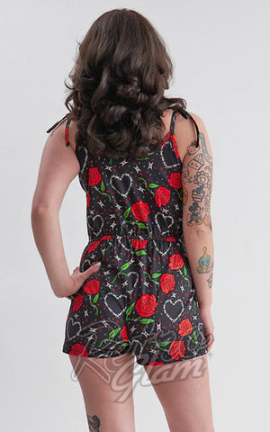 Sourpuss Romper in Barb Wired Love Print back Sourpuss Romper in Barb Wired Love Print back
