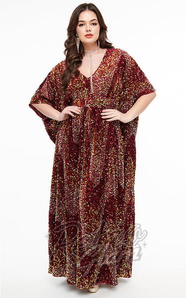 Unique Vintage Burton Caftan Dress in Burgundy Sequins – Retro Glam