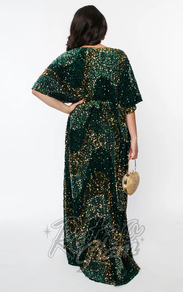 Unique Vintage Burton Caftan Dress in Green & Gold Sequin