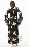Unique Vintage 70's Crane Print Maxi Dress back Unique Vintage 70's Crane Print Maxi Dress back