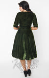 Unique Vintage Delores Swing Dress in Olive Green Velvet back Unique Vintage Delores Swing Dress in Olive Green Velvet back