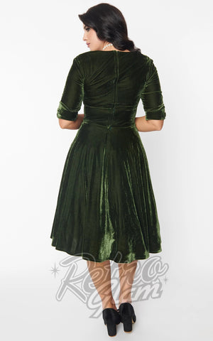 Unique Vintage Delores Swing Dress in Olive Green Velvet back Unique Vintage Delores Swing Dress in Olive Green Velvet back