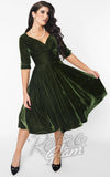 Unique Vintage Delores Swing Dress in Olive Green Velvet Unique Vintage Delores Swing Dress in Olive Green Velvet