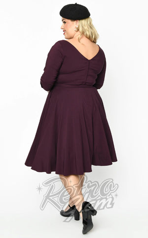Unique Vintage 1950's Devon Swing Dress With Bow in Eggplant back Unique Vintage 1950's Devon Swing Dress With Bow in Eggplant back