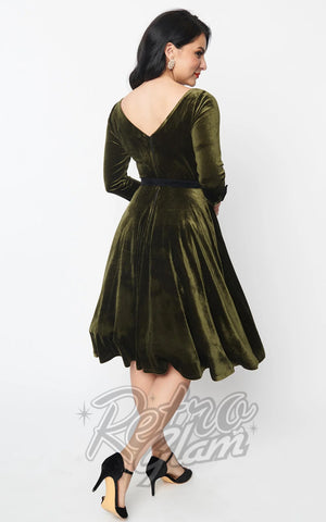 Unique Vintage 1950's Devon Swing Dress in Olive Green Velvet back Unique Vintage 1950's Devon Swing Dress in Olive Green Velvet back