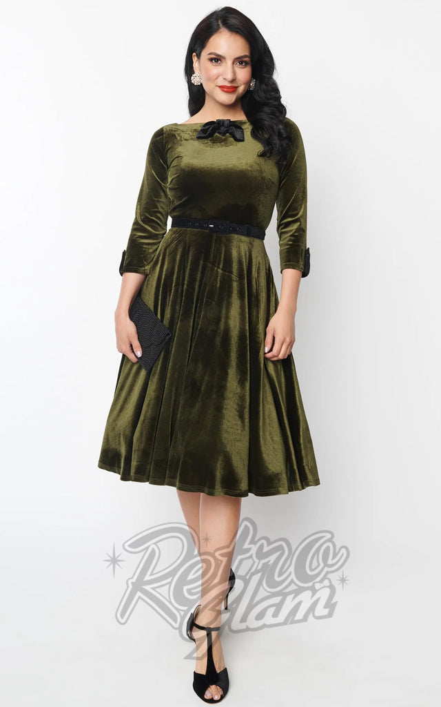 Unique Vintage 1950's Devon Swing Dress in Olive Green Velvet Unique Vintage 1950