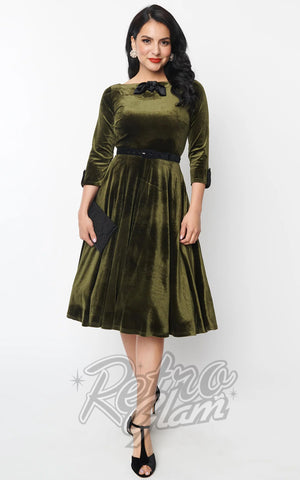 Unique Vintage 1950's Devon Swing Dress in Olive Green Velvet Unique Vintage 1950's Devon Swing Dress in Olive Green Velvet