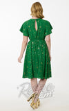 Unique Vintage Green & Gold Star Swing Dress back Unique Vintage Green & Gold Star Swing Dress back