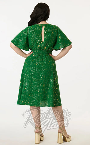 Unique Vintage Green & Gold Star Swing Dress curvy back Unique Vintage Green & Gold Star Swing Dress curvy back
