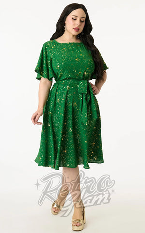 Unique Vintage Green & Gold Star Swing Dress curvy Unique Vintage Green & Gold Star Swing Dress curvy