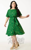 Unique Vintage Green & Gold Star Swing Dress 70s Unique Vintage Green & Gold Star Swing Dress 70s