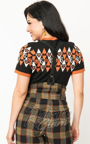 Unique Vintage Halloween Argyle Short Sleeve Sweater back Unique Vintage Halloween Argyle Short Sleeve Sweater back