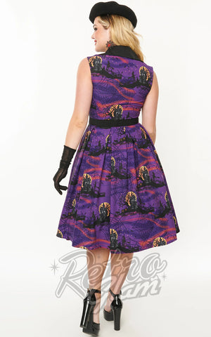 Unique Vintage Edith Dress In Purple Haunted House Print back Unique Vintage Edith Dress In Purple Haunted House Print back