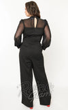 Unique Vintage Polka Dot Long Sleeve Jumpsuit in Black plus size back Unique Vintage Polka Dot Long Sleeve Jumpsuit in Black plus size back