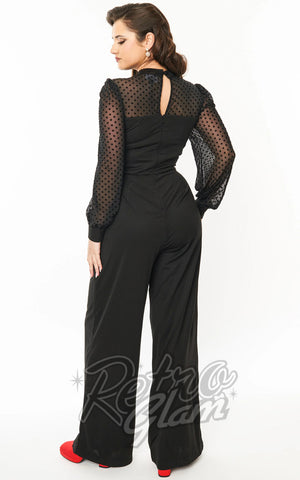 Unique Vintage Polka Dot Long Sleeve Jumpsuit in Black back Unique Vintage Polka Dot Long Sleeve Jumpsuit in Black back