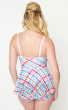 Unique Vintage Pastel Madras Plaid Skirted Swimsuit back Unique Vintage Pastel Madras Plaid Skirted Swimsuit back