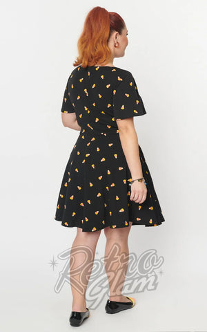 Unique Vintage Poppy Candy Corn Flutter Sleeve Dress back Unique Vintage Poppy Candy Corn Flutter Sleeve Dress back