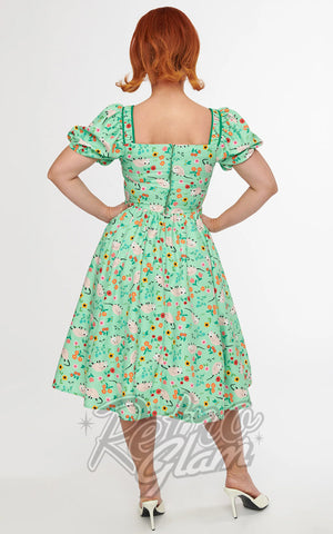 Unique Vintage Green Possum Print Dress back Unique Vintage Green Possum Print Dress back