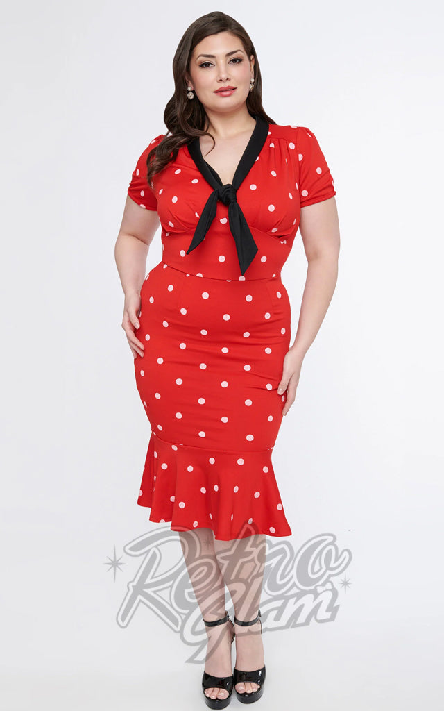 Unique Vintage Red & White Polka Dot Necktie Wiggle Dress - S, L-1XL left Unique Vintage Red & White Polka Dot Necktie Wiggle Dress - S, L-1XL left