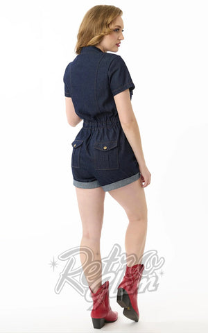 Unique Vintage Garage Romper in Dark Denim back Unique Vintage Garage Romper in Dark Denim back